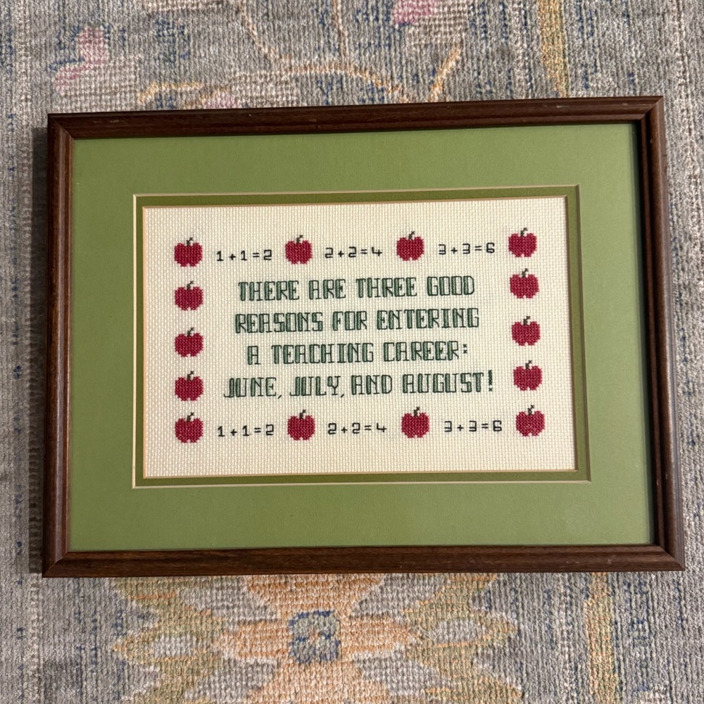 Teacher Cross-Stitch Needlepoint Embroidery with Apples and Quote Framed 11x14
